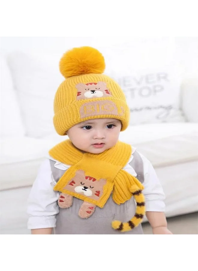 LITTLE SURPRISE BOX Yellow Bear woven Stretchable Woolen Winter Cap for Kids with Matching Neck Muffler Set (3-10yrs)