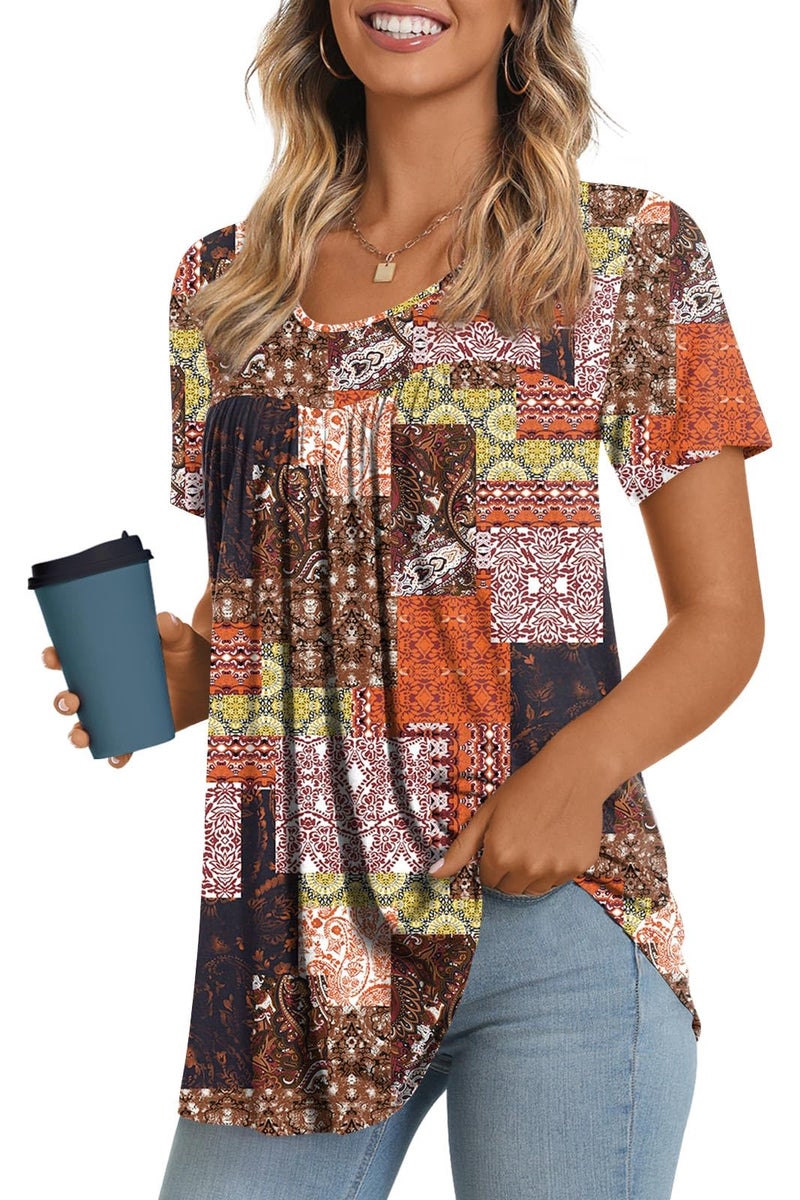 LONGYUAN Women's Plus Size Short Sleeve Tops Summer Hide Belly Tunic Cute Casual Shirts Flowy Soft Blouses Fl X-Large - Image 1
