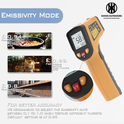 KNINE OUTDOORS Infrared Thermometer Laser Temperature Gun, -58℉ to 1112℉, Single Laser Targeting, Distance to Spot Ratio 12:1, for Cooking, Oven and Meat (Orange) - Image 4