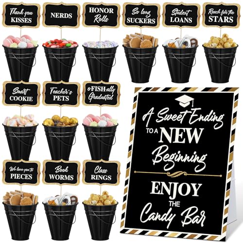 Jingmore 25 Pcs Graduation Candy Buffet Party Decoration Graduation Table Candy Bar Snack Labels Signs and 5 Buckets with Handle for Class of 2026 High School CollegePure StyleBlack - Image 1