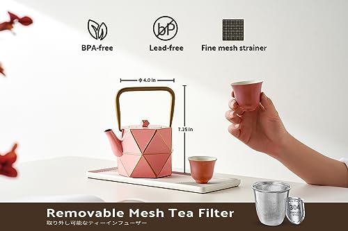 Toptier Cast Iron Teapot, Stovetop Safe Japanese Cast Iron Tea Kettle, Diamond Design Tea Pot with Removable Infuser for Loose Tea, 30 Ounce (900 ml), Pink - Image 4