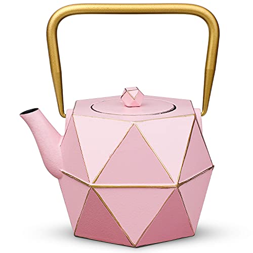 Toptier Cast Iron Teapot, Stovetop Safe Japanese Cast Iron Tea Kettle, Diamond Design Tea Pot with Removable Infuser for Loose Tea, 30 Ounce (900 ml), Pink - Image 1