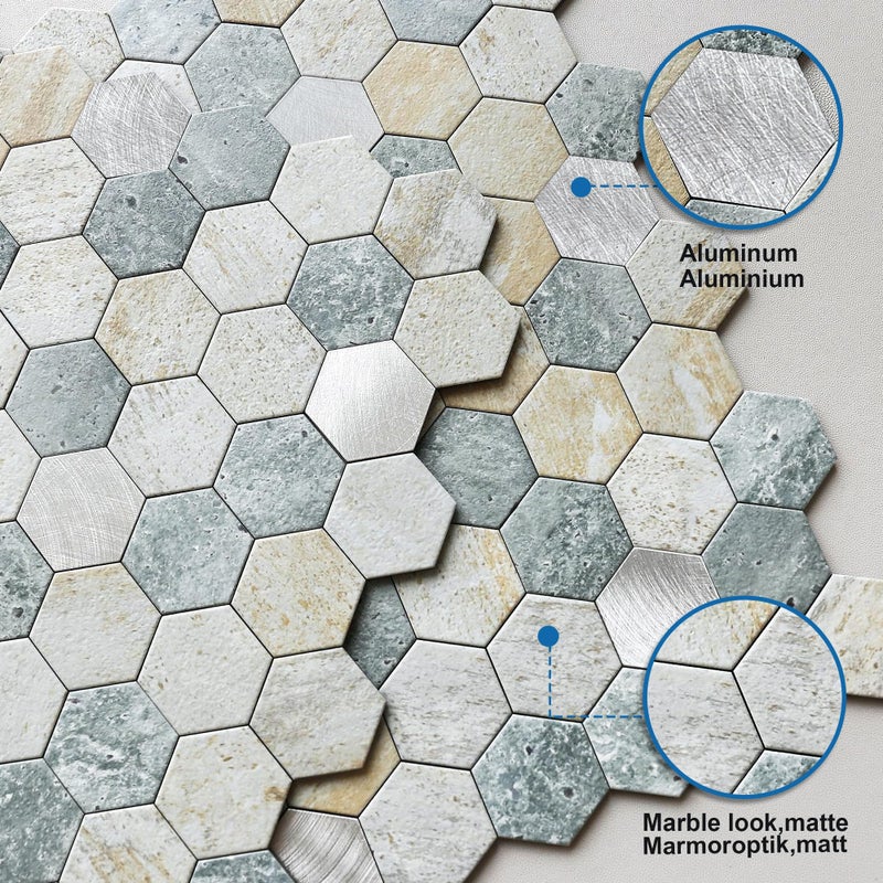 M MOFIT MOFIT Hexagon Peel and Stick Backsplash Tiles Kitchen,Self-Adhesive Metal and Marble Honeycomb Peel and Stick Wall Tiles Sticker Mosaic Heat Resistant(Blue Green Gray,5sheets) - Image 2
