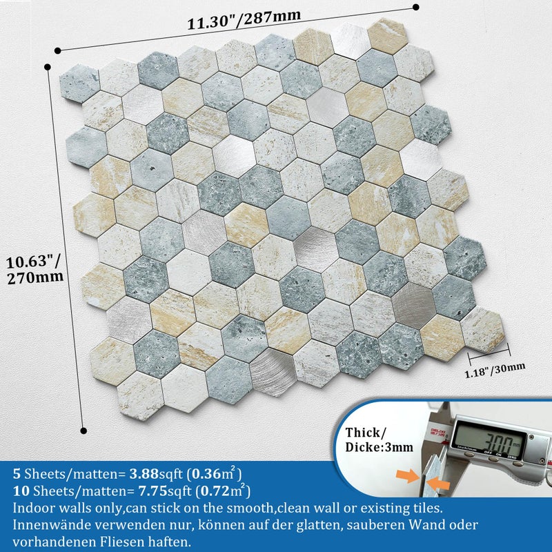 M MOFIT MOFIT Hexagon Peel and Stick Backsplash Tiles Kitchen,Self-Adhesive Metal and Marble Honeycomb Peel and Stick Wall Tiles Sticker Mosaic Heat Resistant(Blue Green Gray,5sheets) - Image 5