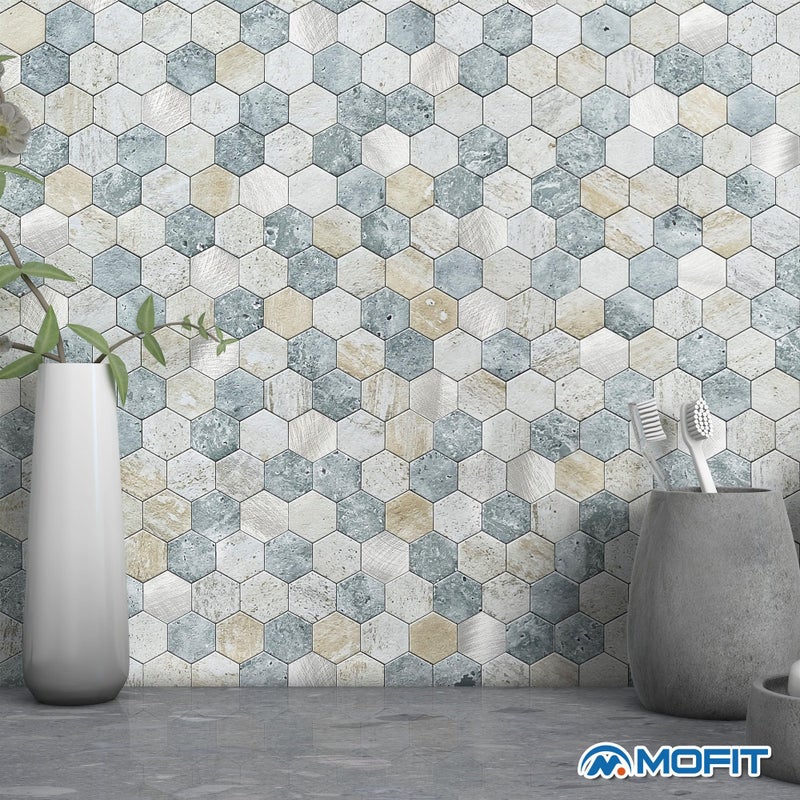 M MOFIT MOFIT Hexagon Peel and Stick Backsplash Tiles Kitchen,Self-Adhesive Metal and Marble Honeycomb Peel and Stick Wall Tiles Sticker Mosaic Heat Resistant(Blue Green Gray,5sheets) - Image 3