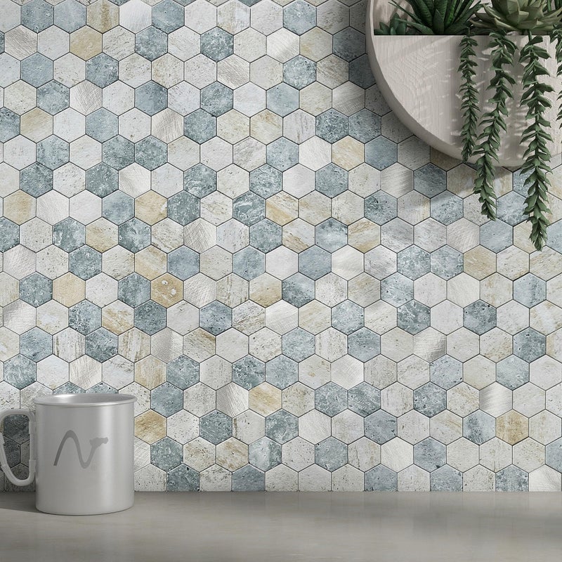 M MOFIT MOFIT Hexagon Peel and Stick Backsplash Tiles Kitchen,Self-Adhesive Metal and Marble Honeycomb Peel and Stick Wall Tiles Sticker Mosaic Heat Resistant(Blue Green Gray,5sheets) - Image 1