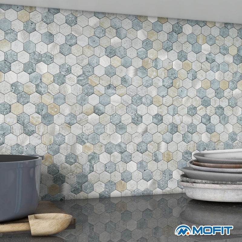 M MOFIT MOFIT Hexagon Peel and Stick Backsplash Tiles Kitchen,Self-Adhesive Metal and Marble Honeycomb Peel and Stick Wall Tiles Sticker Mosaic Heat Resistant(Blue Green Gray,5sheets) - Image 4