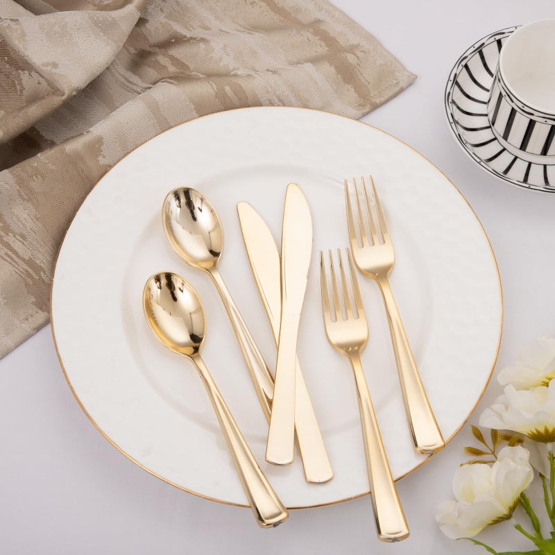 Liacere 200Pcs Gold Plastic Silverware - Gold Cutlery Set with 100 Forks  50 Spoons  50 Knives; Perfect for Parties  Weddings  Restaurants & Thanksgiving - Image 4