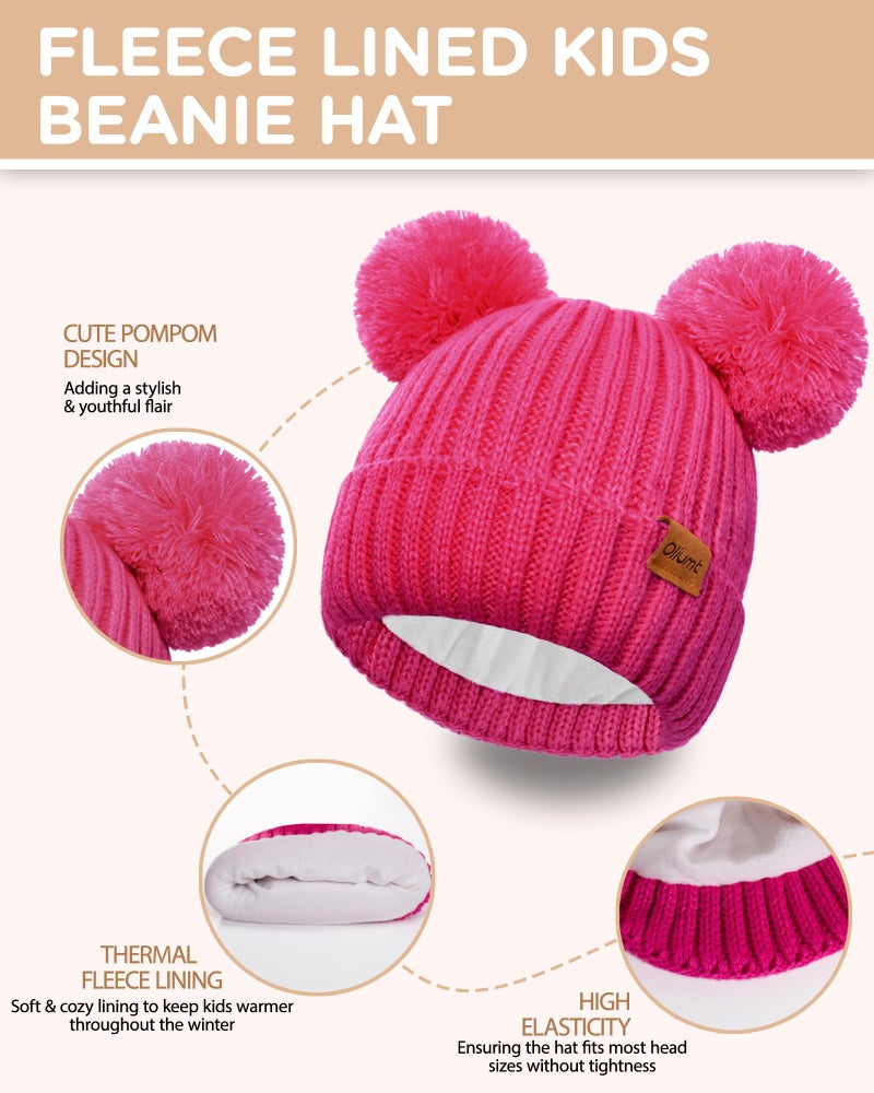 Oliumt Kids Winter Beanie Hat, Gloves and Scarf Set, Fleece Lined Knit Pom Neck Warmer Gaiter with Mittens for Children (Rose Pink, 2-8 Years) - Image 3