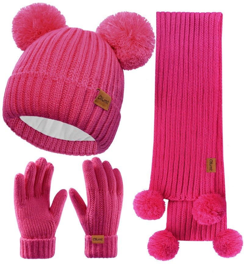 Oliumt Kids Winter Beanie Hat, Gloves and Scarf Set, Fleece Lined Knit Pom Neck Warmer Gaiter with Mittens for Children (Rose Pink, 2-8 Years) - Image 1