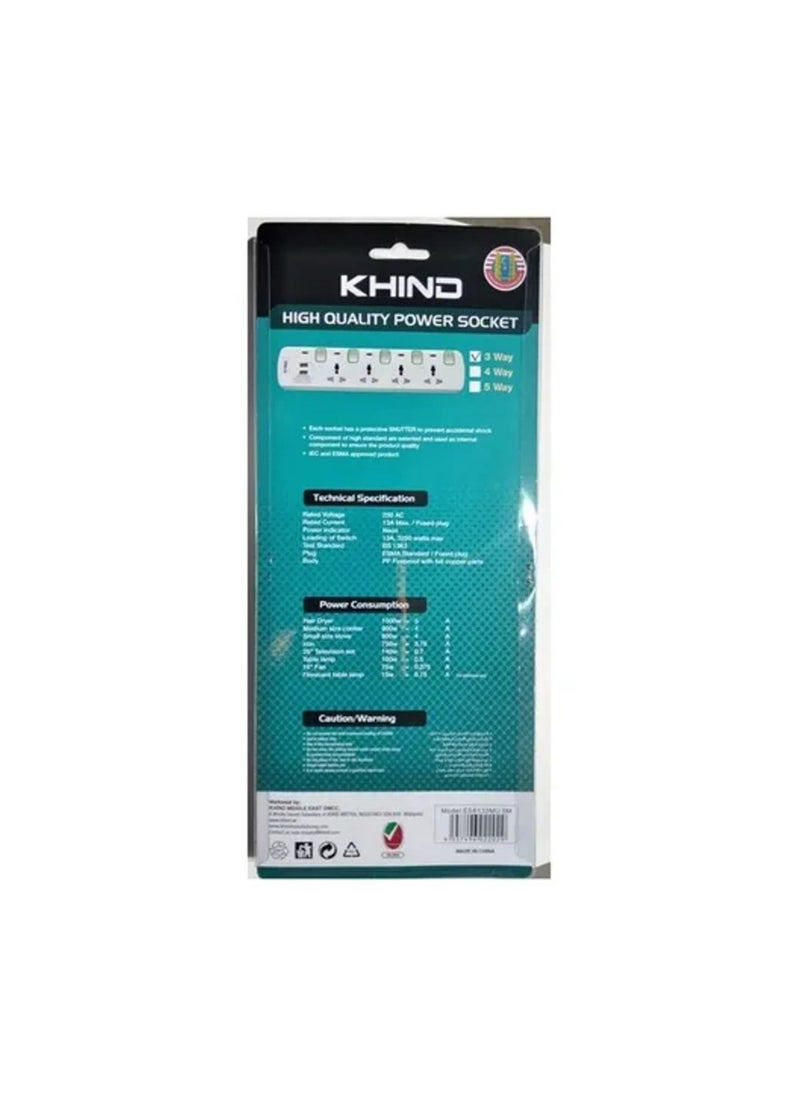 KHIND KHIND UNIVERSAL EXTENSION/TRAILING SOCKET 3WAY 5M WITH 2 USB SLOT FIRE RETARDANT BODY NEON INDICATOR MOLDED 13A PLUG 250V AC EM8133MU5M  - Image 3