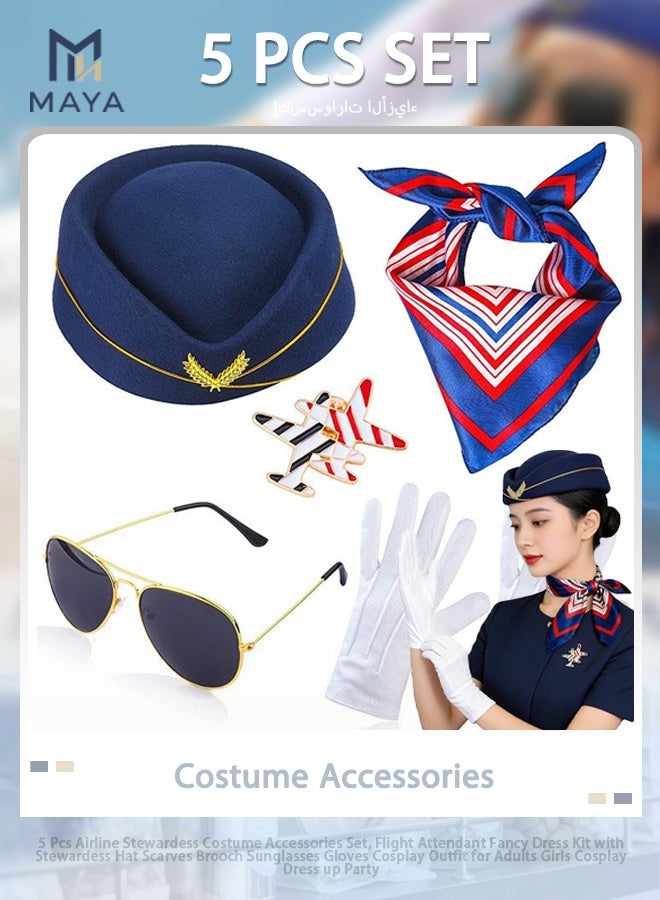 Maya 5 Pcs Airline Stewardess Costume Accessories Set, Flight Attendant Fancy Dress Kit with Stewardess Hat Scarves Brooch Sunglasses Gloves Cosplay Outfit for Adults Girls Cosplay Dress up Party - Image 1