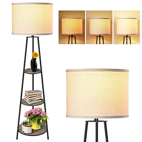 RISLG Floor Lamp, 3-Tier Round Corner Shelf Floor Lamp with 3 Dimmable Levels - Simple Standing Lamp with White Fabric Shade, Tall Modern Floor Lamps with Shelves for Bedroom, Living Room and Office - Image 1