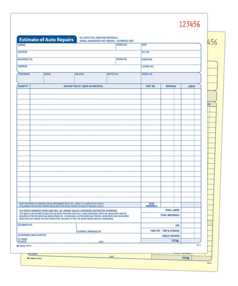 Adams Auto Repair Estimate Book, 2-Part, Carbonless, White/Canary, 8-3/8 x 10-11/16 Inches, 50 Sets per Book (D8104) - Image 1