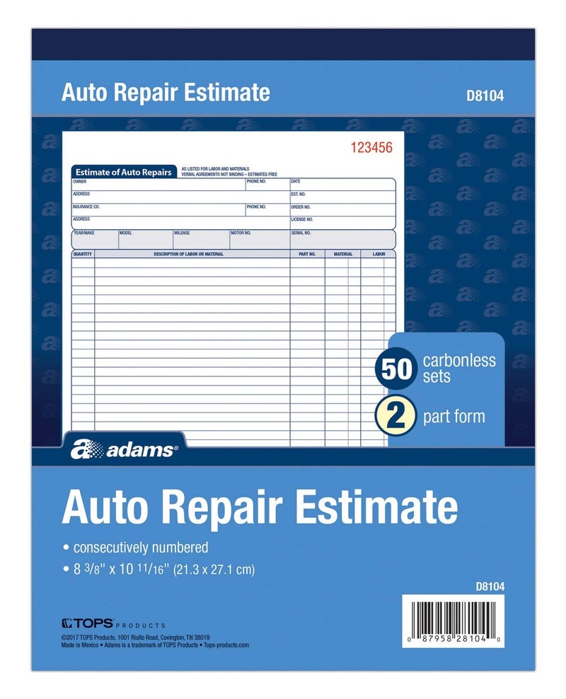 Adams Auto Repair Estimate Book, 2-Part, Carbonless, White/Canary, 8-3/8 x 10-11/16 Inches, 50 Sets per Book (D8104) - Image 2