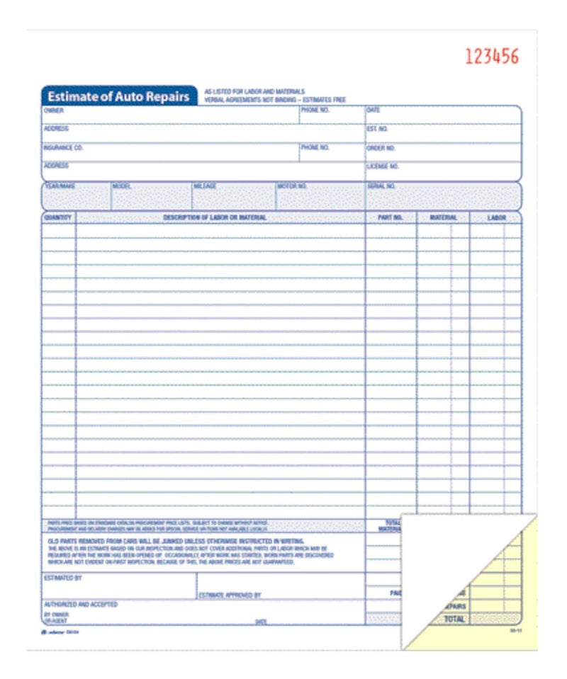 Adams Auto Repair Estimate Book, 2-Part, Carbonless, White/Canary, 8-3/8 x 10-11/16 Inches, 50 Sets per Book (D8104) - Image 3