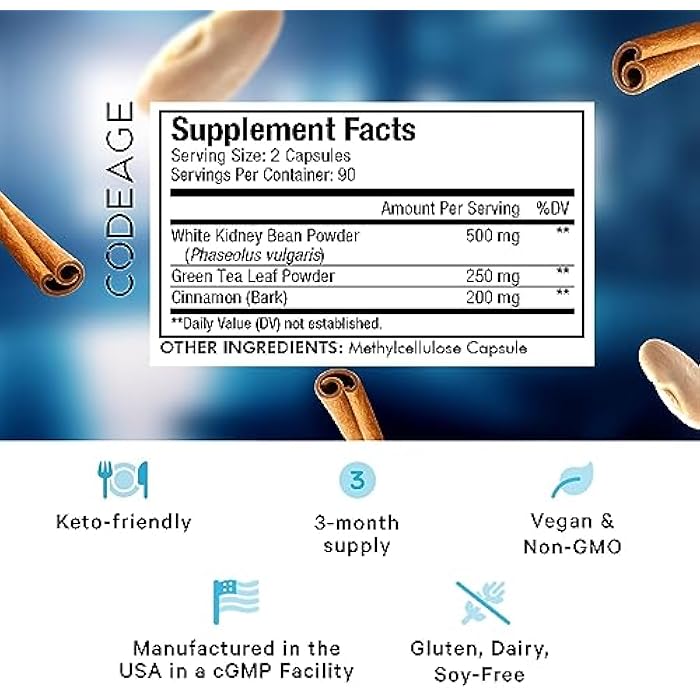 Codeage Keto Carb, White Kidney Bean, Green Tea & Cinnamon Bark Supplement, Triple Action Keto Cheat Vegan Pills, Ketogenic, Low Carb Diet Sugar, 3 Months Supply, Non-GMO, Gluten-Free, 180 Capsules - Image 2