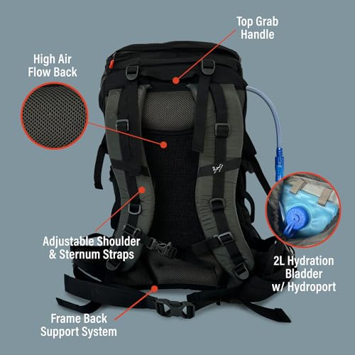 Bear Grylls 45L Hiking Hydration Backpack, Day Pack With 2L Water Bladder, Lightweight and Perfect for Camping, Running, Cycling, Mountain Biking, Skiing, Snowboarding For Men and Women - Black - Image 3