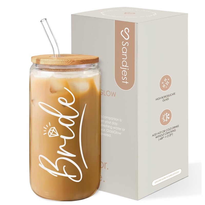SANDJEST Bride Glass Coffee Cup 16 Oz with Bamboo Lid and Straw Bridal Shower Gift Engagement Gifts for Women Bride Gifts
