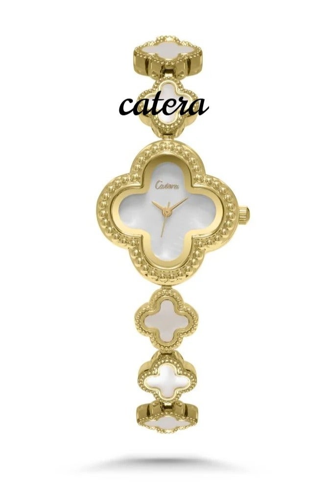 كاتيرا ساعة نسائية بإطار الوردة بسير ستيل بلون ذهبي ميناء ابيض
