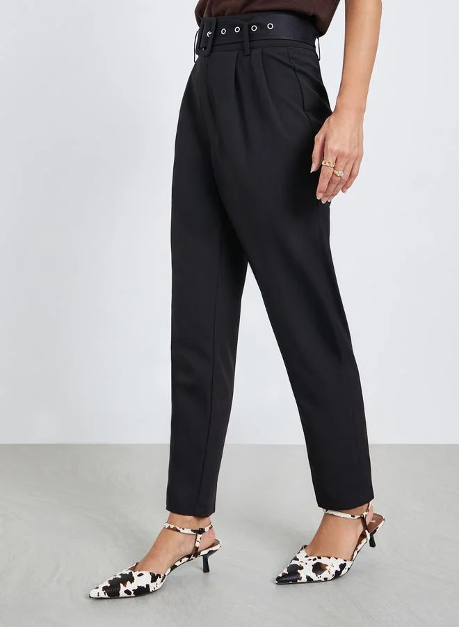 Take Two Women's Solid Belted Pleated Detail Tapered Pants