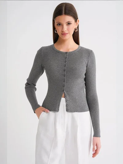 MixRay Mixray Buttoned Slim Fit Ribbed Knit Cardigan