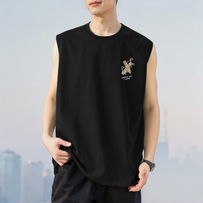 Pure Cotton Vest Men'S Sleeveless American Style Waistcoat Summer Outer Wear Loose Fashionable Round Neck Pure Cotton Cut Sleeve Thin Style - Image 1
