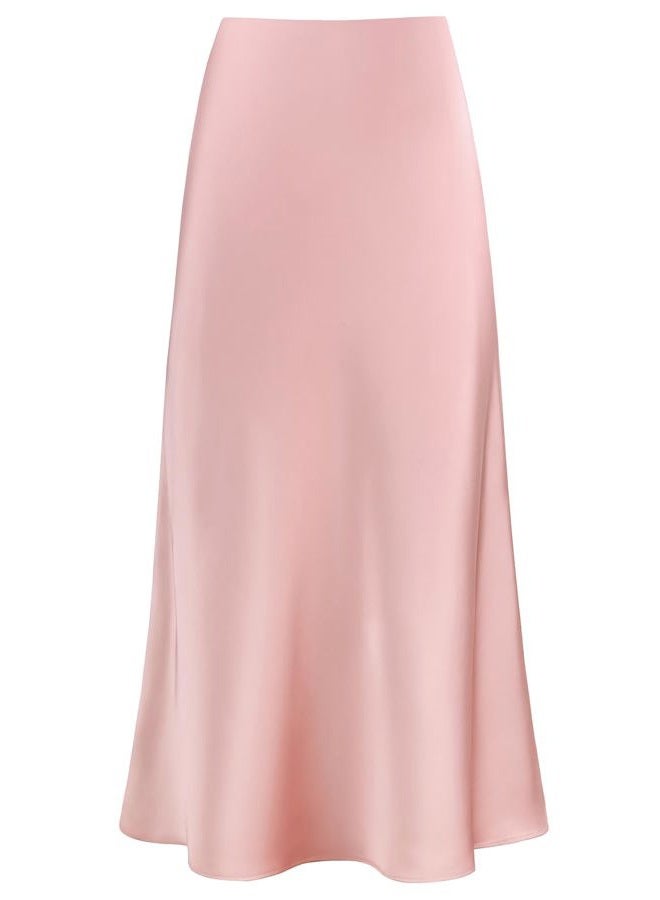 Outoshe Women's Satin High Waisted Maxi Skirts Hidden Elasticized Waistband A Line Long Skirt, Light Pink, L - Image 1