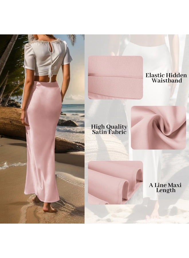 Outoshe Women's Satin High Waisted Maxi Skirts Hidden Elasticized Waistband A Line Long Skirt, Light Pink, L - Image 4