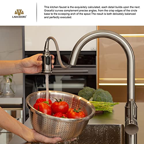 Lava Odoro Curtura Brushed Nickel Kitchen Faucet with Pull Down Sprayer, Brass Kitchen Sink Faucet Single Handle Pull-Down Kitchen Faucet for Sink 1 Hole and 3 Hole, Deck Plate Included, KF421-BN - Image 2