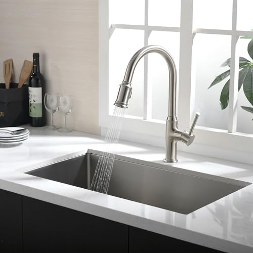 Lava Odoro Curtura Brushed Nickel Kitchen Faucet with Pull Down Sprayer, Brass Kitchen Sink Faucet Single Handle Pull-Down Kitchen Faucet for Sink 1 Hole and 3 Hole, Deck Plate Included, KF421-BN - Image 4