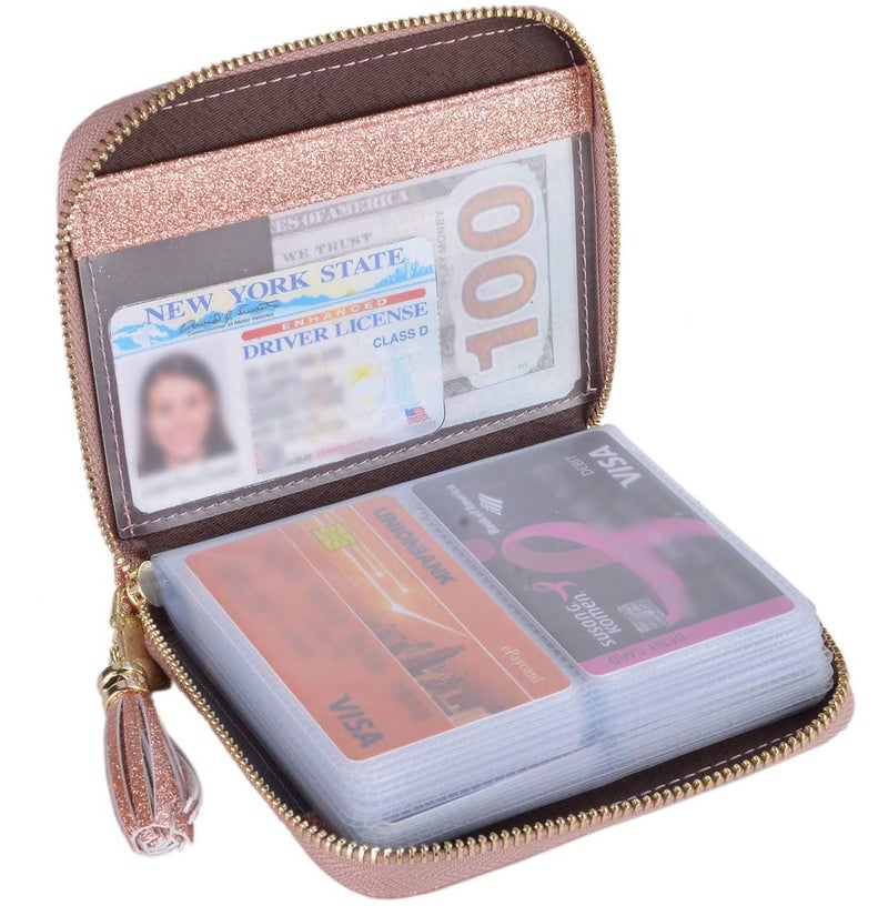 Easyoulife Womens Credit Card Holder Wallet Zip Leather Card Case RFID Blocking (Glitter Gold) - Image 1