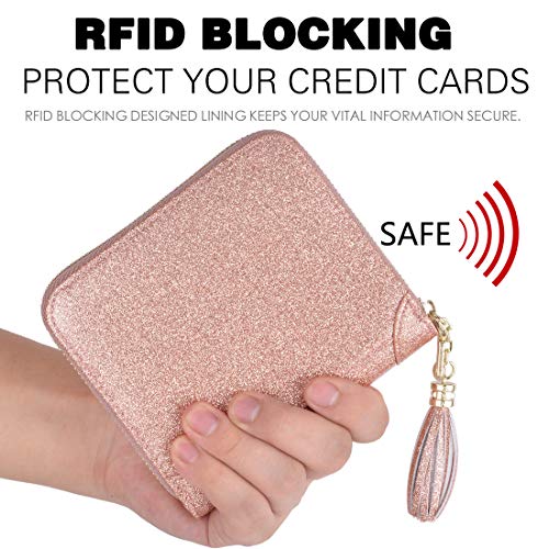 Easyoulife Womens Credit Card Holder Wallet Zip Leather Card Case RFID Blocking (Glitter Gold) - Image 4