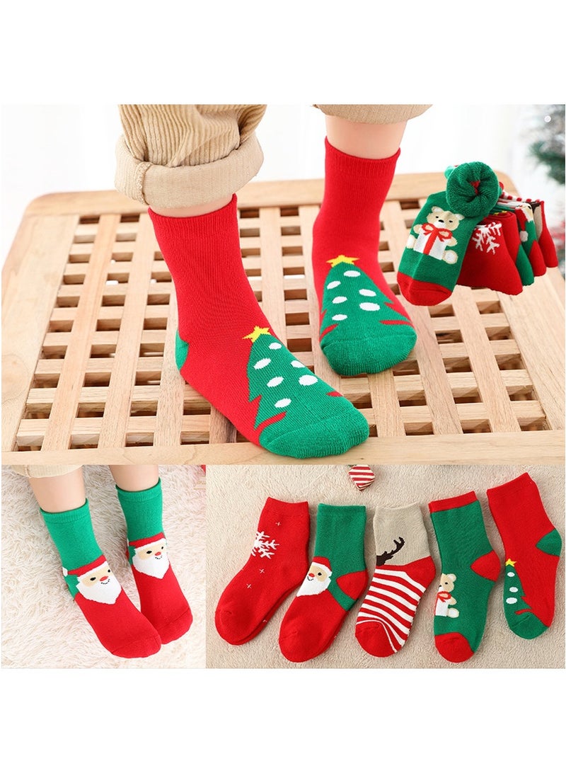 TAPIT 5 Pairs Kids Christmas Socks, Thick Terry Green Red Holiday Cartoon Warm Towel Socks, 3-12 Years Boys Girls Mid-calf Socks (M, 29-32 Shoe Size) - Image 1