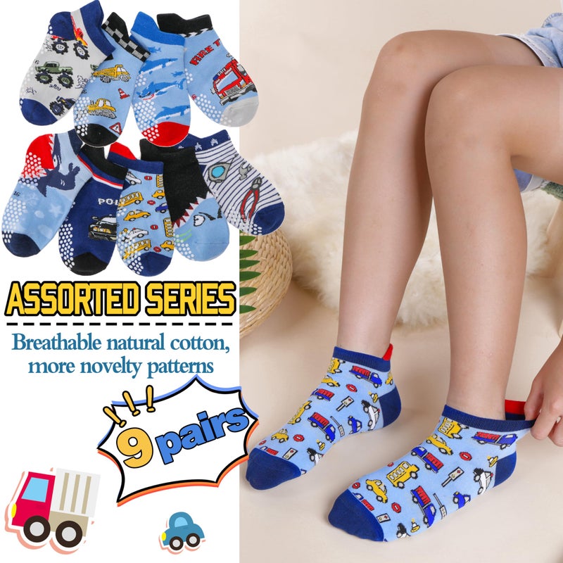 Welwoos Baby Boys Toddlers Grips Socks Kids Non Slip Anti Skid Ankle Fun Gifts Cotton No Show Socks with Grippers 9 Pairs (Trucks, 3-5T) - Image 3