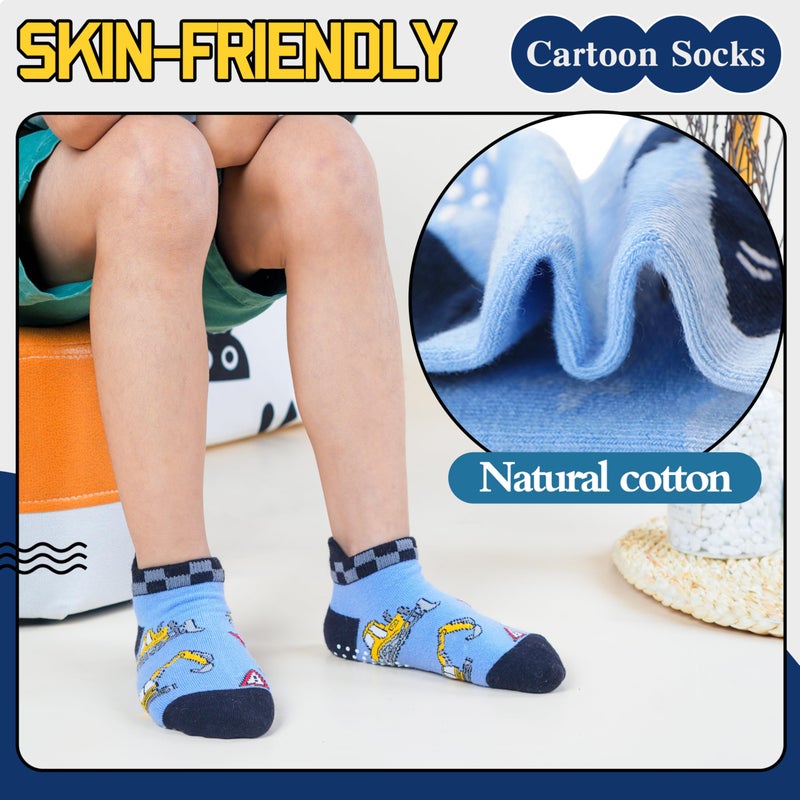 Welwoos Baby Boys Toddlers Grips Socks Kids Non Slip Anti Skid Ankle Fun Gifts Cotton No Show Socks with Grippers 9 Pairs (Trucks, 3-5T) - Image 2