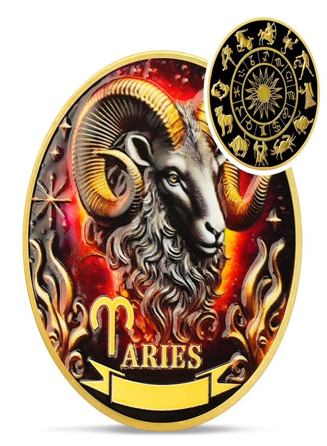 IELCJJ Aries 12 Zodiac Challenge Coin - Twelve Constellations Aries Protective Talisman Coin - Divination Tarot Zodiac Signs Coin - Meaningful Star Good Luck Charms Zodiac Gifts for Men Women Friend Kid - Image 1
