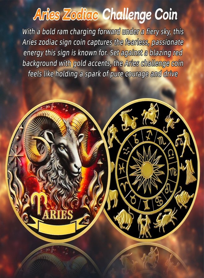 IELCJJ Aries 12 Zodiac Challenge Coin - Twelve Constellations Aries Protective Talisman Coin - Divination Tarot Zodiac Signs Coin - Meaningful Star Good Luck Charms Zodiac Gifts for Men Women Friend Kid - Image 2