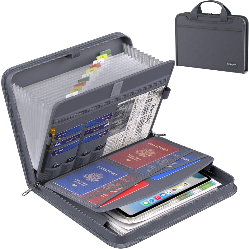 ENGPOW Accordion File Organizer,Fireproof Expanding File Folder with Multi Pockets,13 Pockets Document Organizer Bag with Handle & Labels,Portable Home Travel Safe Storage for Letter A4 Files,Gray - Image 1