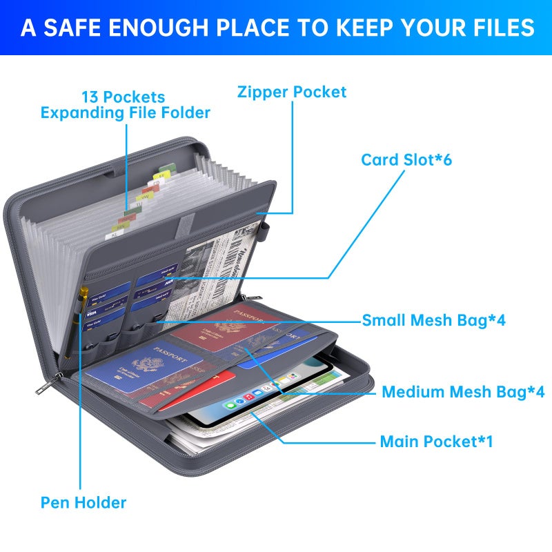 ENGPOW Accordion File Organizer,Fireproof Expanding File Folder with Multi Pockets,13 Pockets Document Organizer Bag with Handle & Labels,Portable Home Travel Safe Storage for Letter A4 Files,Gray - Image 5