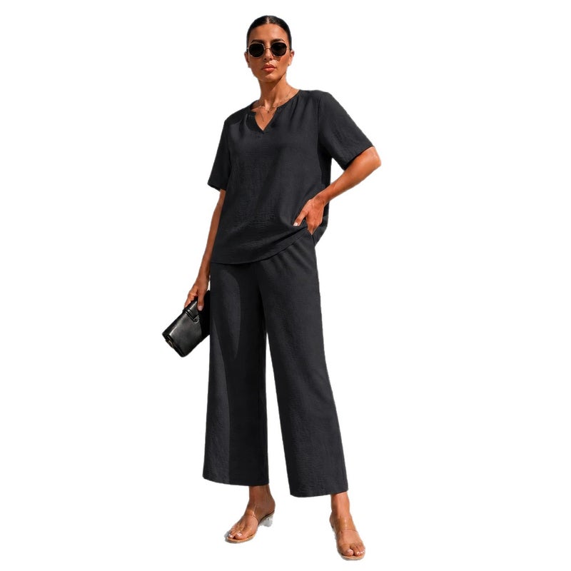Women's Solid Color V-Neck Short Sleeve Top and Wide Leg Pants Set - Image 5