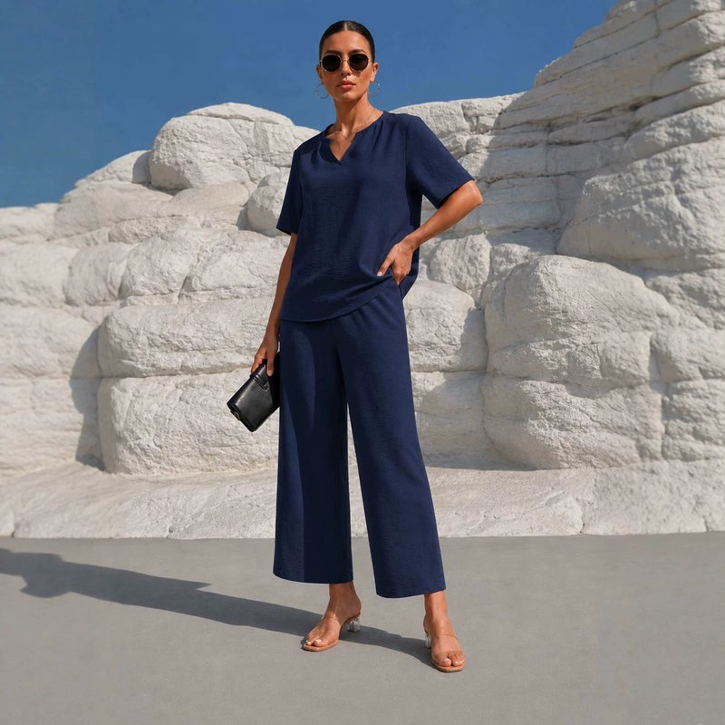 Women's Solid Color V-Neck Short Sleeve Top and Wide Leg Pants Set - Image 3