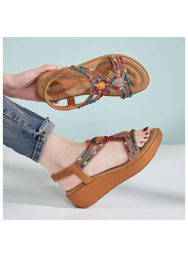 NIBEMINENT European and American Style Wedge Heel Women's Sandals Ethnic Style Retro Fashion Casual Women's Sandals Waterproof Platform  - Image 2