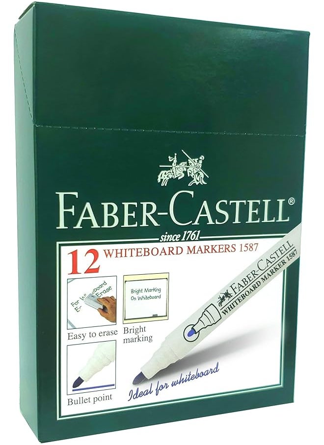 FABER-CASTELL - Round Tip Whiteboard Permanent Marker Pen 12 Pieces Blue - Image 1