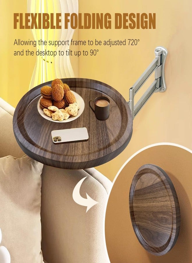 EHERDM Wall Mounted Folding Table Bedside Collapsible Coffee Desk 720°Adjustable Sofa Stand for Small Spaces Floating Round Tray for Bedroom Living Room Balcony Bay Window WalnuColor - Image 2