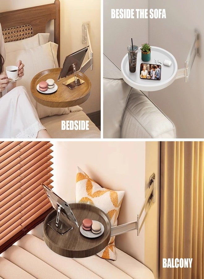 EHERDM Wall Mounted Folding Table Bedside Collapsible Coffee Desk 720°Adjustable Sofa Stand for Small Spaces Floating Round Tray for Bedroom Living Room Balcony Bay Window WalnuColor - Image 3