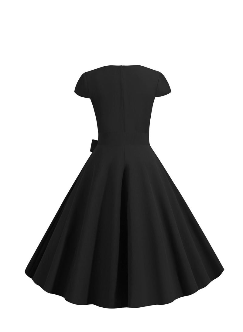 Loquat Retro Women's Sleeve Wrap Solid Belt Large Swing Dress Black  - Image 3