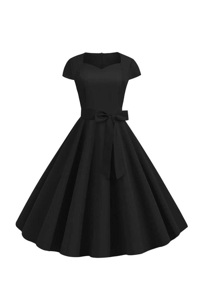 Loquat Retro Women's Sleeve Wrap Solid Belt Large Swing Dress Black  - Image 1