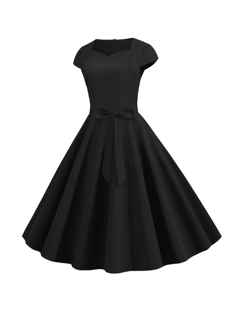 Loquat Retro Women's Sleeve Wrap Solid Belt Large Swing Dress Black  - Image 2