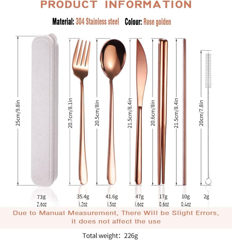 AARainbow 6 Pieces 18/8 Stainless Steel Flatware Set Portable Reusable Cutlery Set Travel Utensils Set Including Chopsticks Knife Fork Spoon Straws Cleaning Brush Dishwasher Safe (Rose Gold) - Image 3